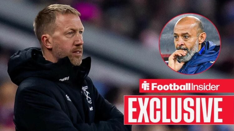 Graham Potter looking at a circular inset of Nuno Espirito Santo