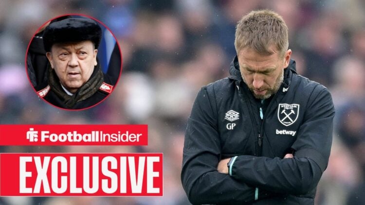 Graham Potter stands on the touchline with his arms crossed as David Sullivan looks on from a circular inset