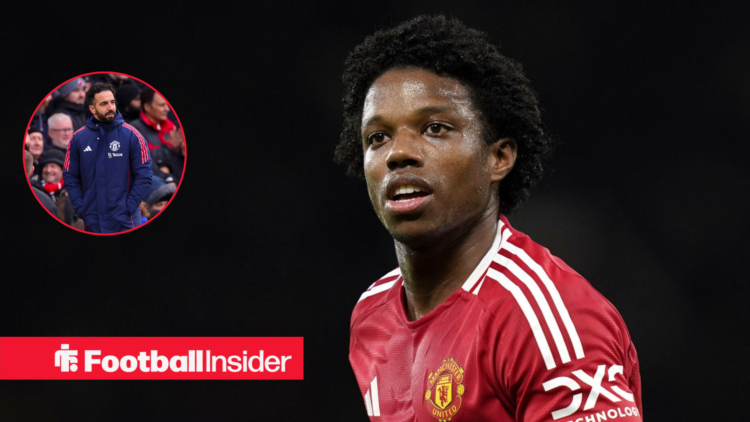 Man United boss in a circular frame next to an image of Tyrell Malacia in a home shirt