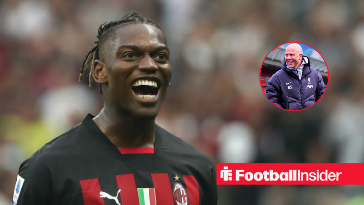 Rafael Leao in an AC Milan shirt next to an image of Liverpool boss Arne Slot smiling in a circular frame