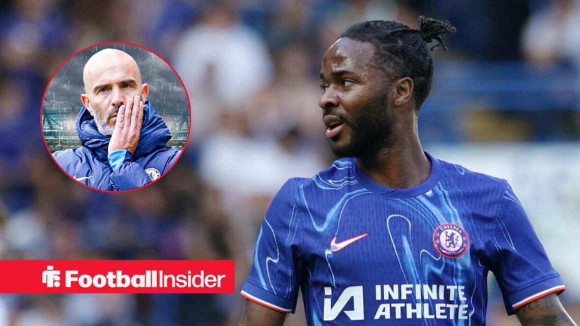 Chelsea's Raheem Sterling looking at head coach Enzo Maresca who looks upset left inset