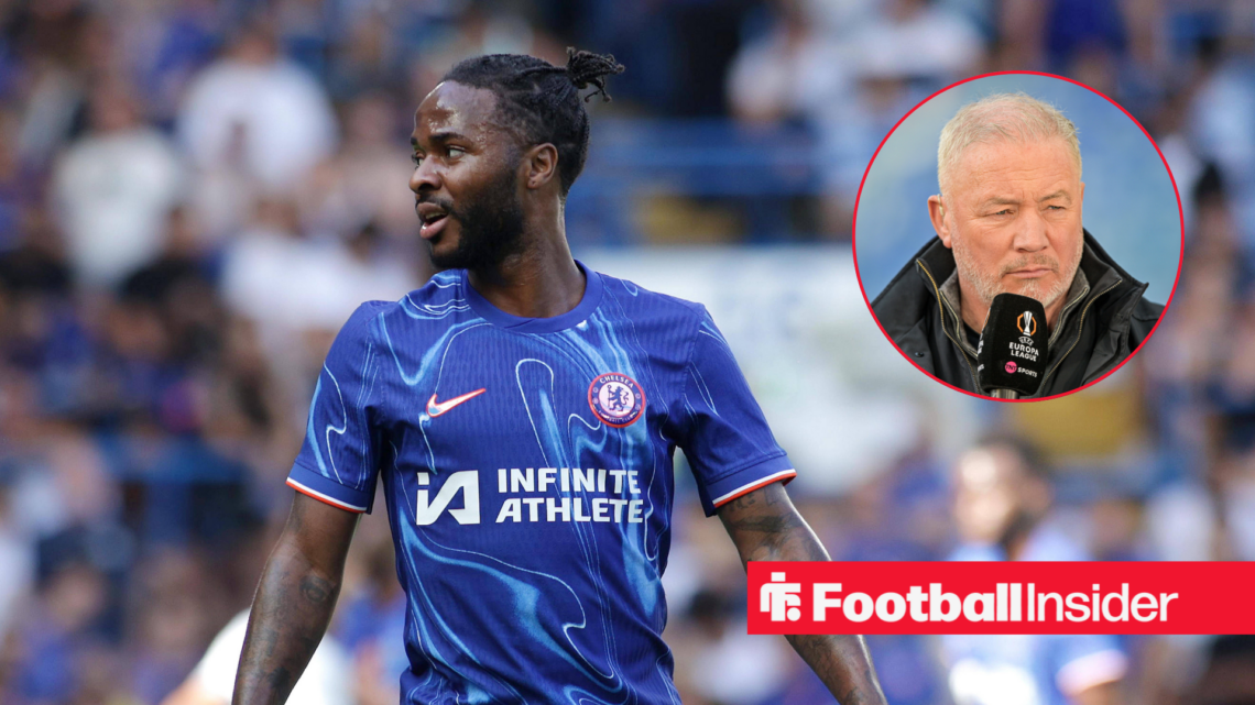 Raheem Sterling in a blue Chelsea kit, and Ally McCoist in a black coat in a red circle