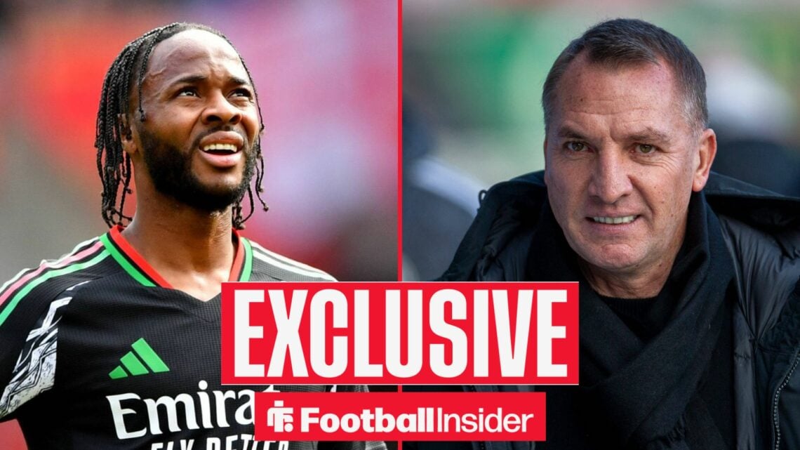 Raheem Sterling on the left in an Arsenal shirt looking to the sky with a barely smiling Brendan Rodgers looking at the camera with an EXCLUSIVE ba...