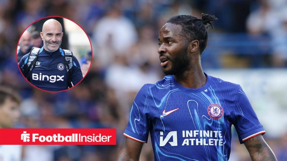 Raheem Sterling looking in a blue Chelsea kit and Enzo Maresca in inset