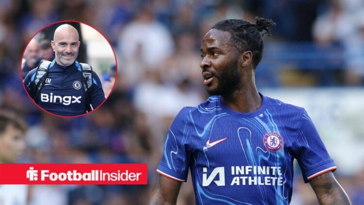 Raheem Sterling looking in a blue Chelsea kit and Enzo Maresca in inset
