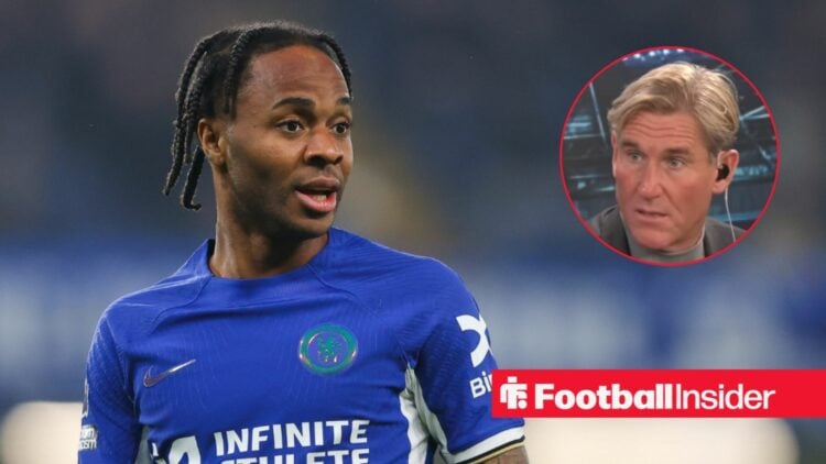 Raheem Sterling looking focused on the left with Simon Jordan staring on the right