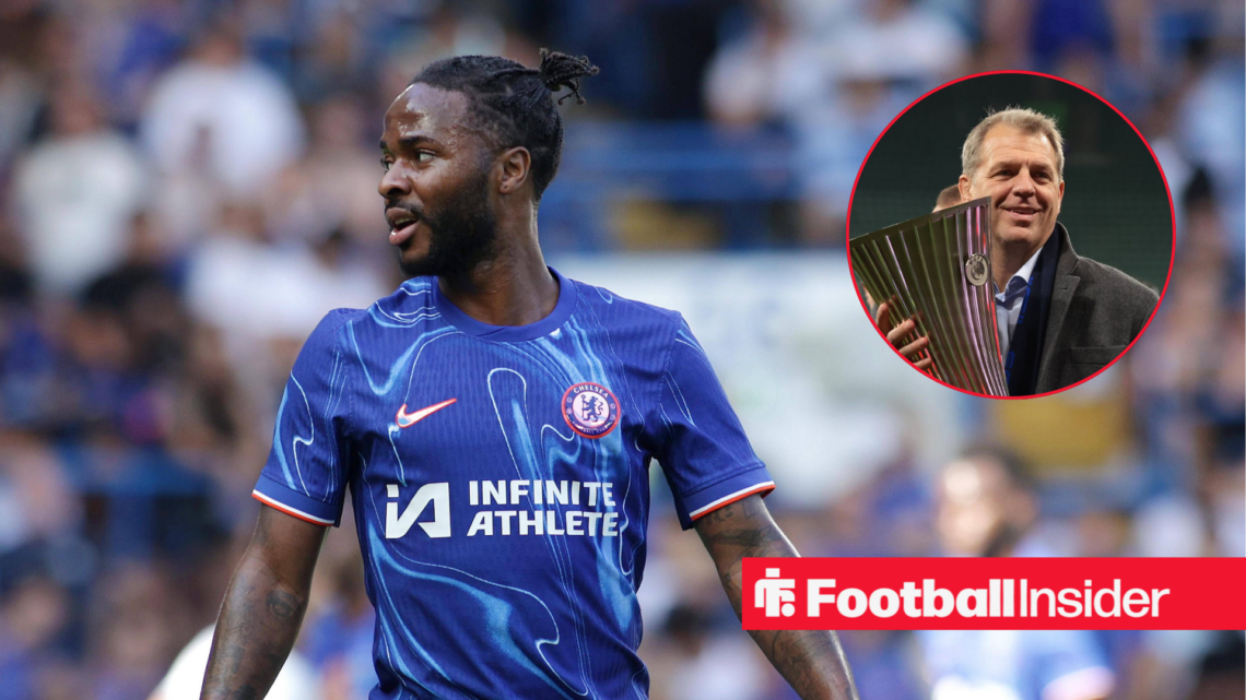 Raheem Sterling in a blue Chelsea kit and Todd Boehly in a brown suit