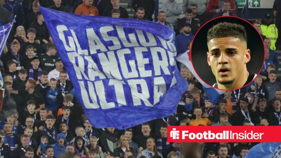 Rangers fans alongside a circular inset of Max Aarons
