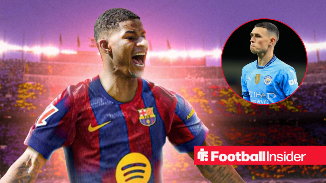 Marcus Rashford in a Barcelona shirt, Phil Foden in a circular inset