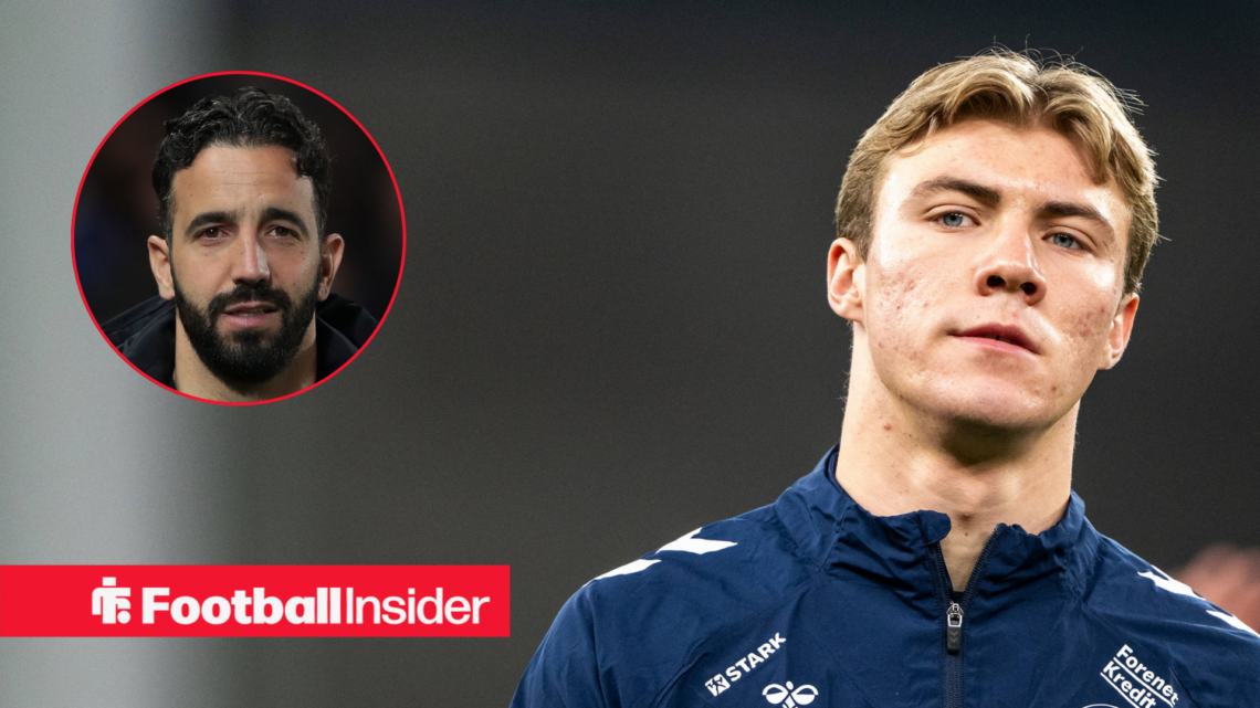 Striker Rasmus Hojlund, alongside a circular inset of Manchester United manager Ruben Amorim