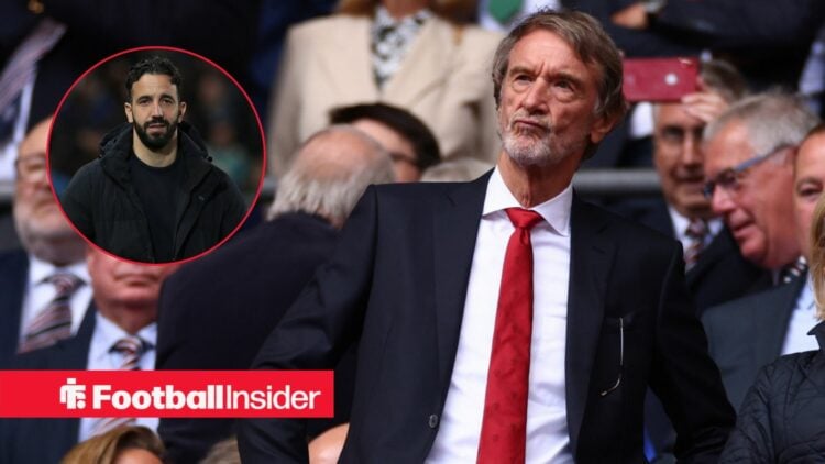 Jim Ratcliffe looks at Ruben Amorim in a circular inset