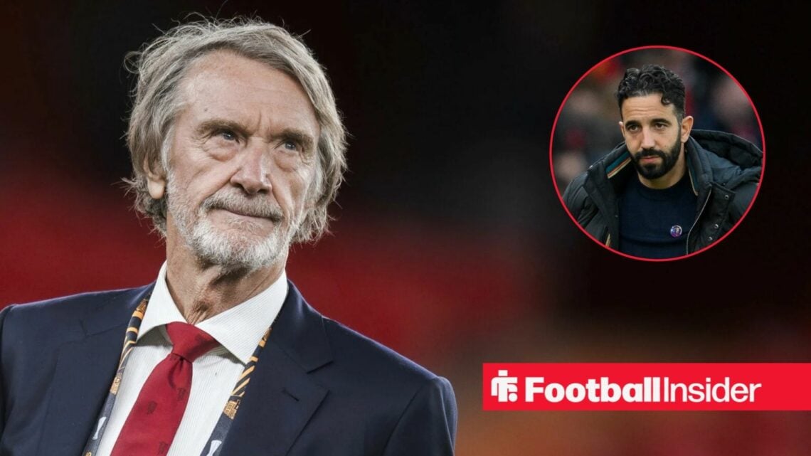 Sir Jim Ratcliffe looking unhappy with Ruben Amorim included in a circular inset