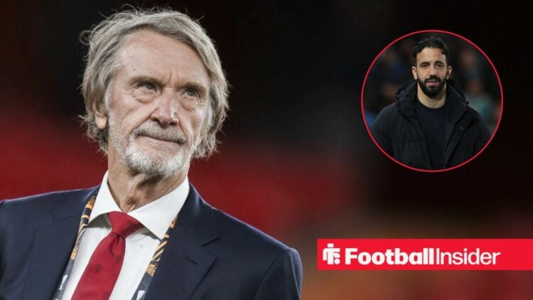 Jim Ratcliffe looking at a circular inset of Ruben Amorim
