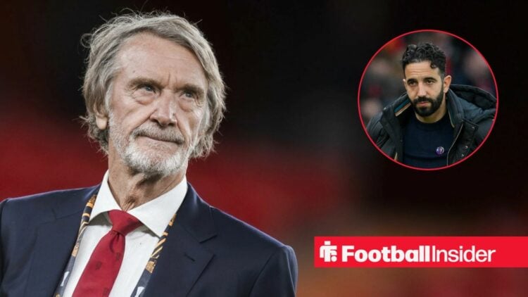 Sir Jim Ratcliffe looking unhappy with Ruben Amorim included in a circular inset