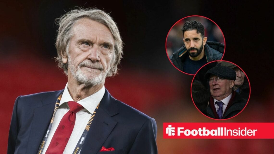Jim Ratcliffe looking a circular insets of Ruben Amorim and Sir Alex Ferguson