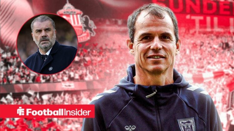 Regis Le Bris in front of Sunderland supporters, Ange Postecoglou in a circular inset