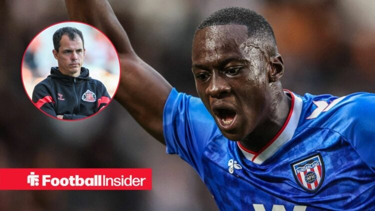 Sunderland boss Regis Le Bris in a circular frame alongside Habib Diarra in a blue away shirt