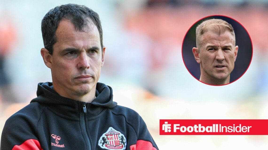 Sunderland manager Regis Le Bris alongside a circular inset of Joe Hart