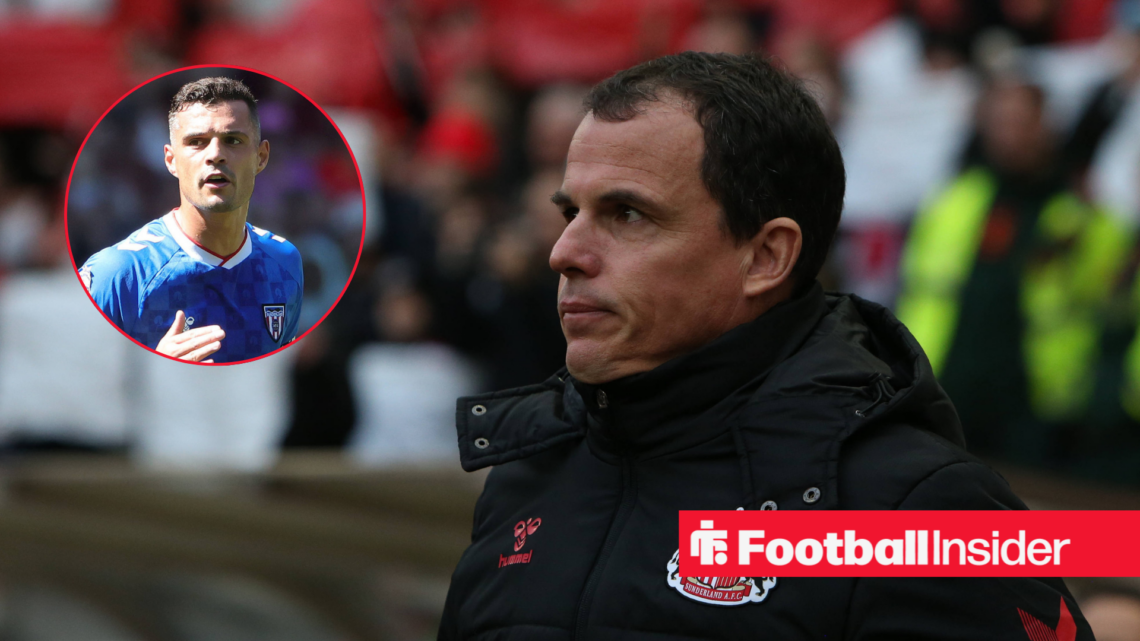 Regis Le Bris in a black coat and Granit Xhaka in a blue Sunderland kit in a red circle