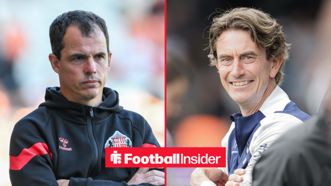 Sunderland boss Regis Le Bris looking frustrated, with Thomas Frank smiling on the sidelines