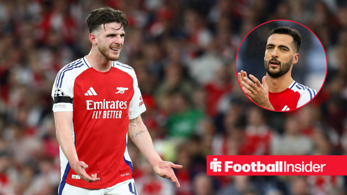 Declan Rice in an Arsenal shirt, Mikel Merino in a circular inset