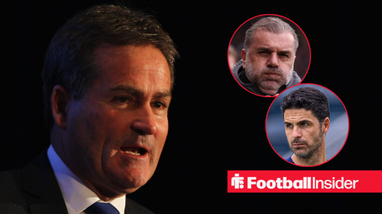 Richard Keys talking on the left with Ange Postecoglou and Mikel Arteta looking frustrated on the right