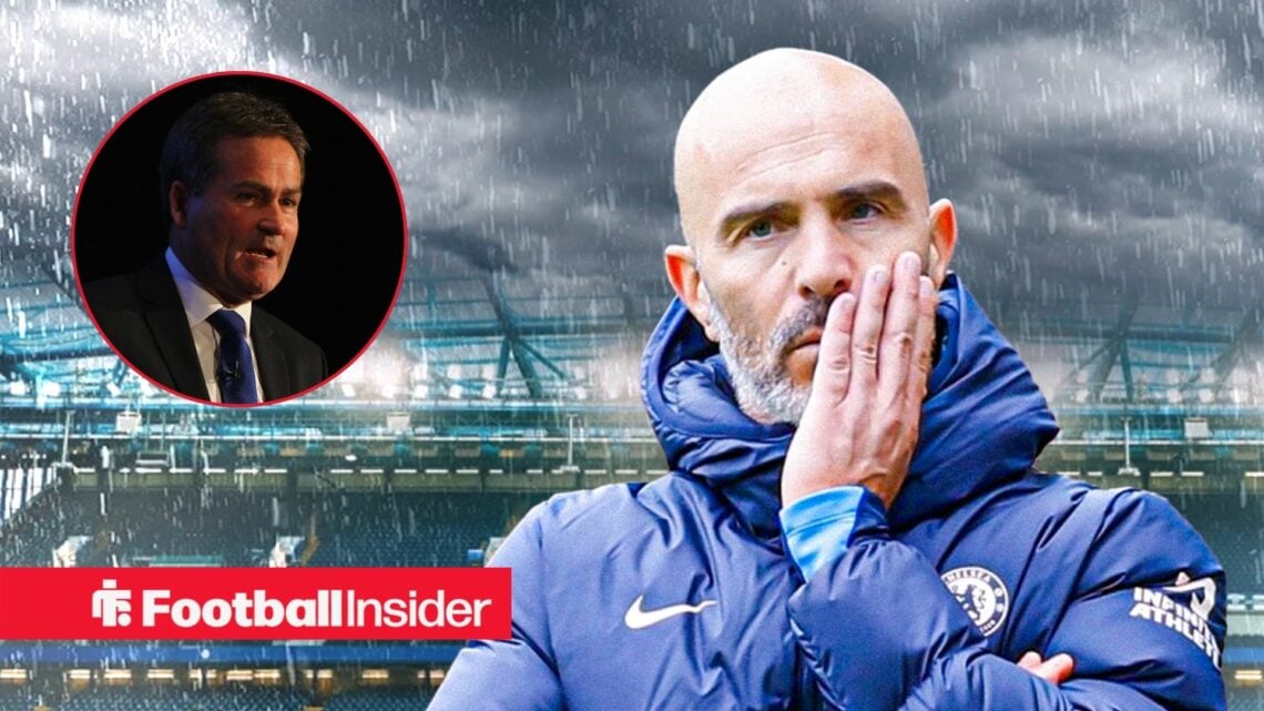 Richard Keys in a circular frame alongside Chelsea boss Enzo Maresca looking concerned