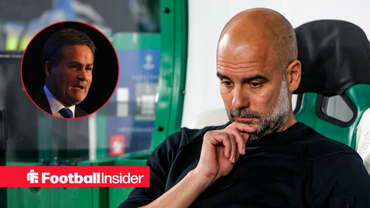 Richard Keys on the left talking with Pep Guardiola on the right looking sad with his head down as Man City manager