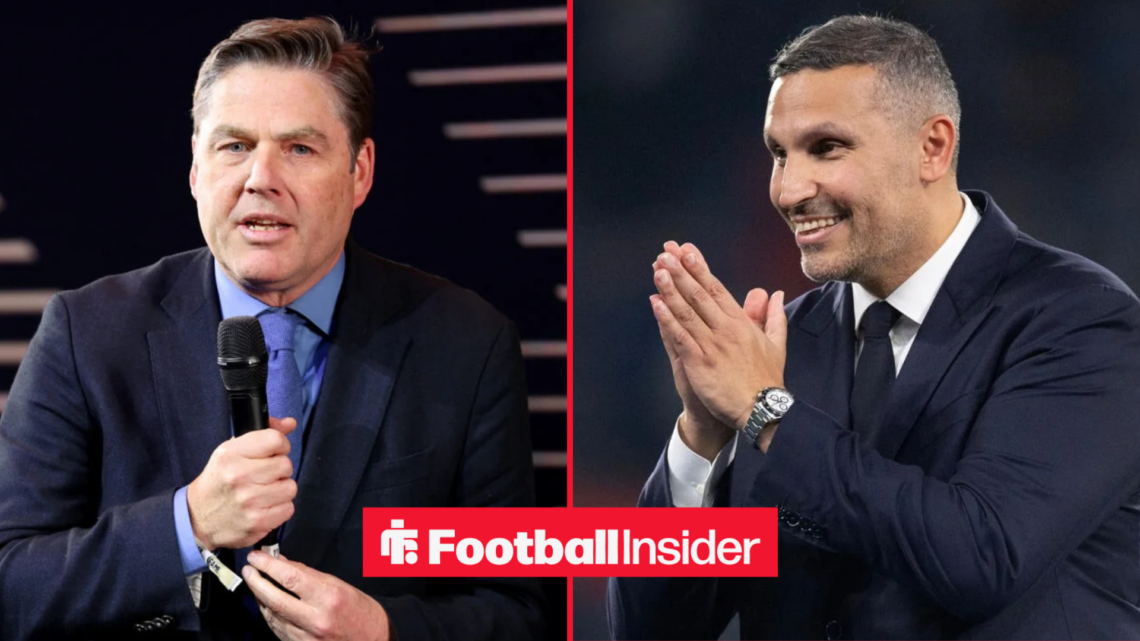 Richard Masters with a microphone alongside Khaldoon Al Mubarak looking happy