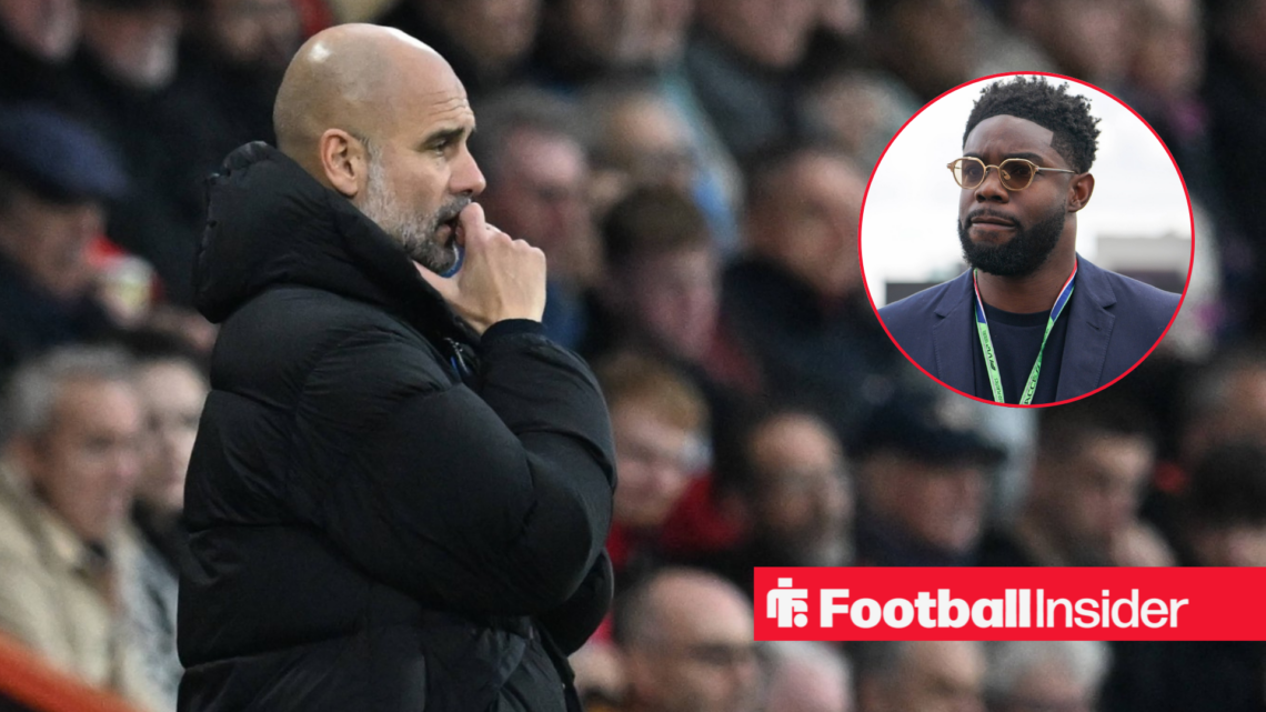 Pep Guardiola standing on the touchline, Micah Richards in a circular inset