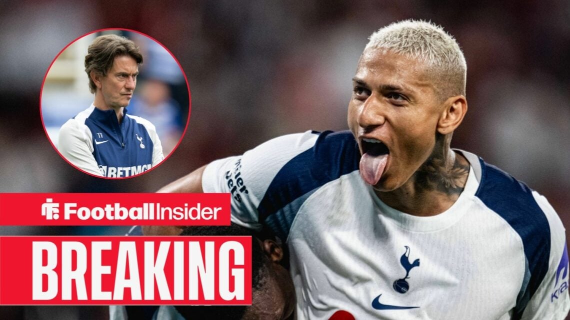 Richarlison sticking his tongue out while hugging a teammate, Thomas Frank in a circular inset