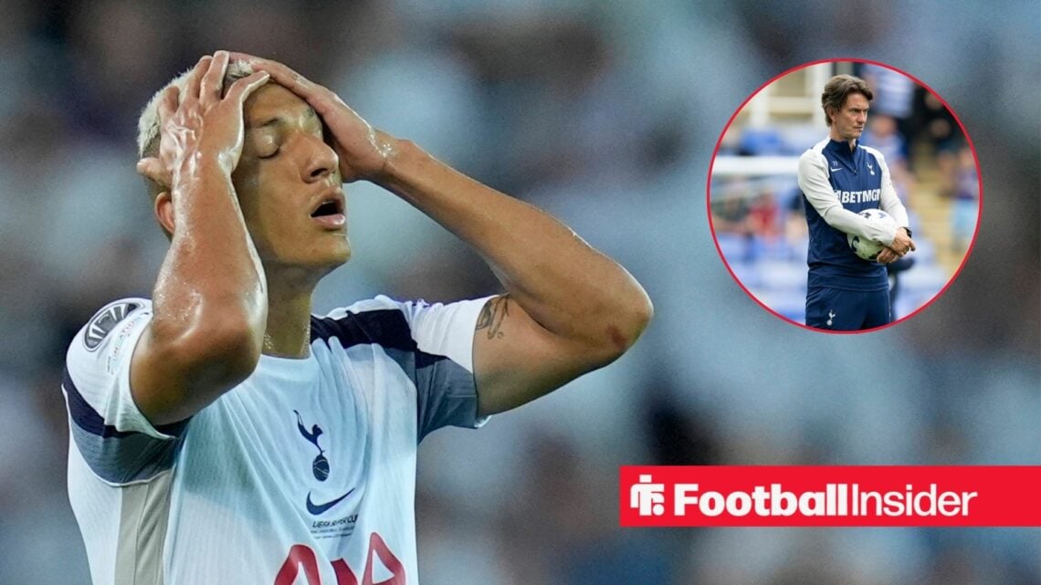 Richarlison with his head in his hands in a white Tottenham kit and Thomas Frank in inset