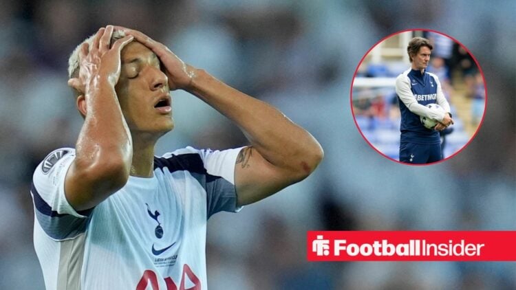 Richarlison with his head in his hands in a white Tottenham kit and Thomas Frank in inset