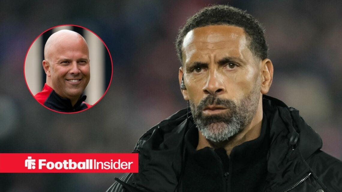 Rio Ferdinand looks focused as a pundit while Liverpool manager Arne Slot smiles at him left inset