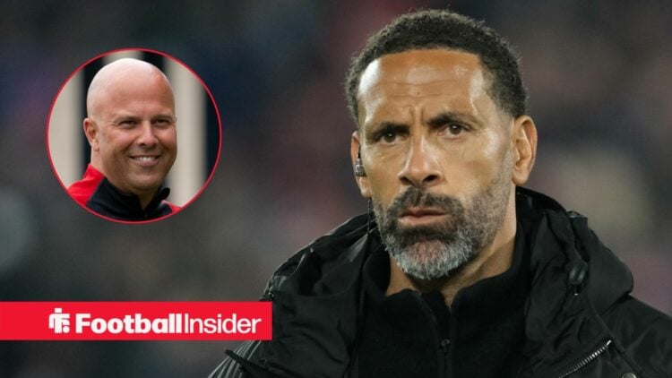 Rio Ferdinand looks focused as a pundit while Liverpool manager Arne Slot smiles at him left inset