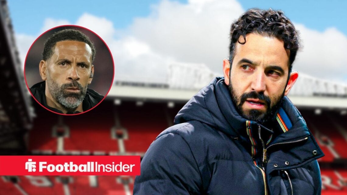 Man United legend Rio Ferdinand as a pundit left inset with head-coach Ruben Amorim looking at him at Old Trafford