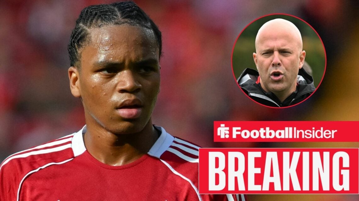 Liverpool's Rio Ngumoha looking at manager Arne Slot right inset