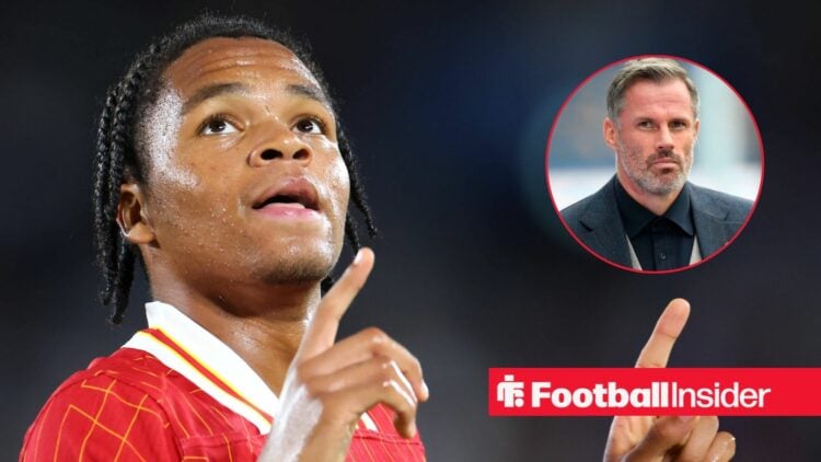 Rio Ngumoha celebrating for Liverpool, Jamie Carragher in a circular inset