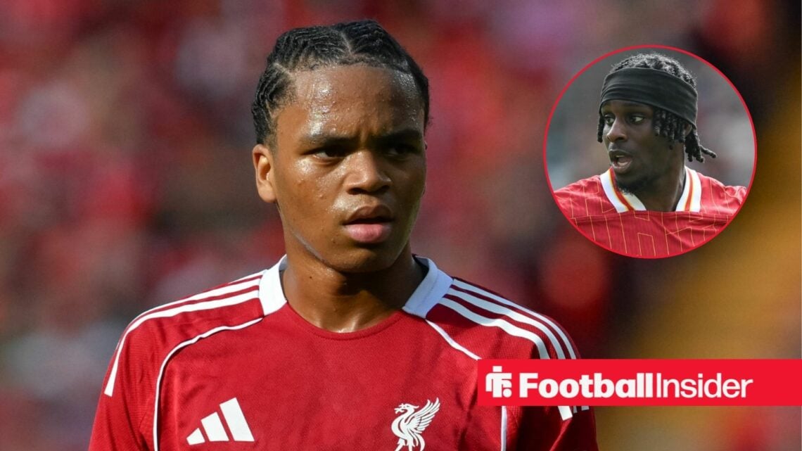 Rio Ngumoha in action for Liverpool, with Jeremie Frimpong in a circular inset