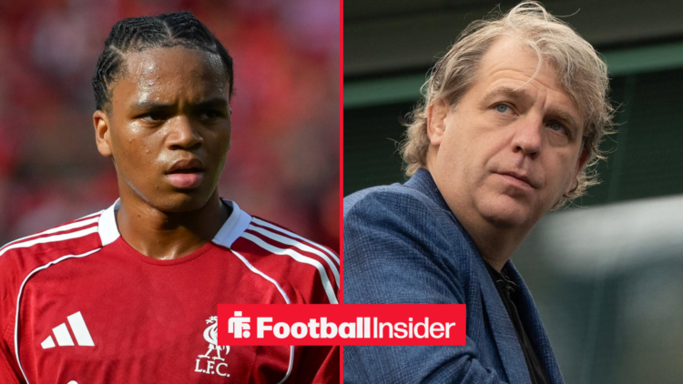 Rio Ngumoha in a Liverpool shirt alongside Todd Boehly looking sad