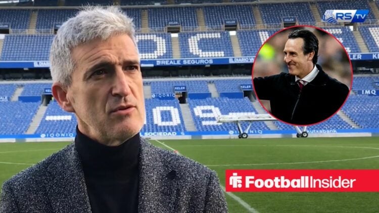 Roberto Olabe speaking in a Real Sociedad interview, Unai Emery in a circular inset