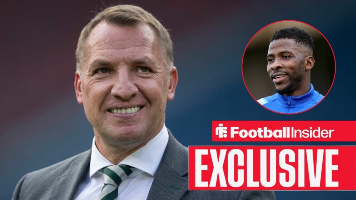 Brendan Rodgers smiling, Kelechi Iheanacho in a circular inset