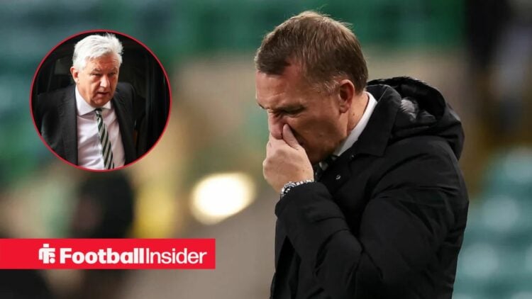 Brendan Rodgers looking unhappy with Peter Lawwell included in a circular inset