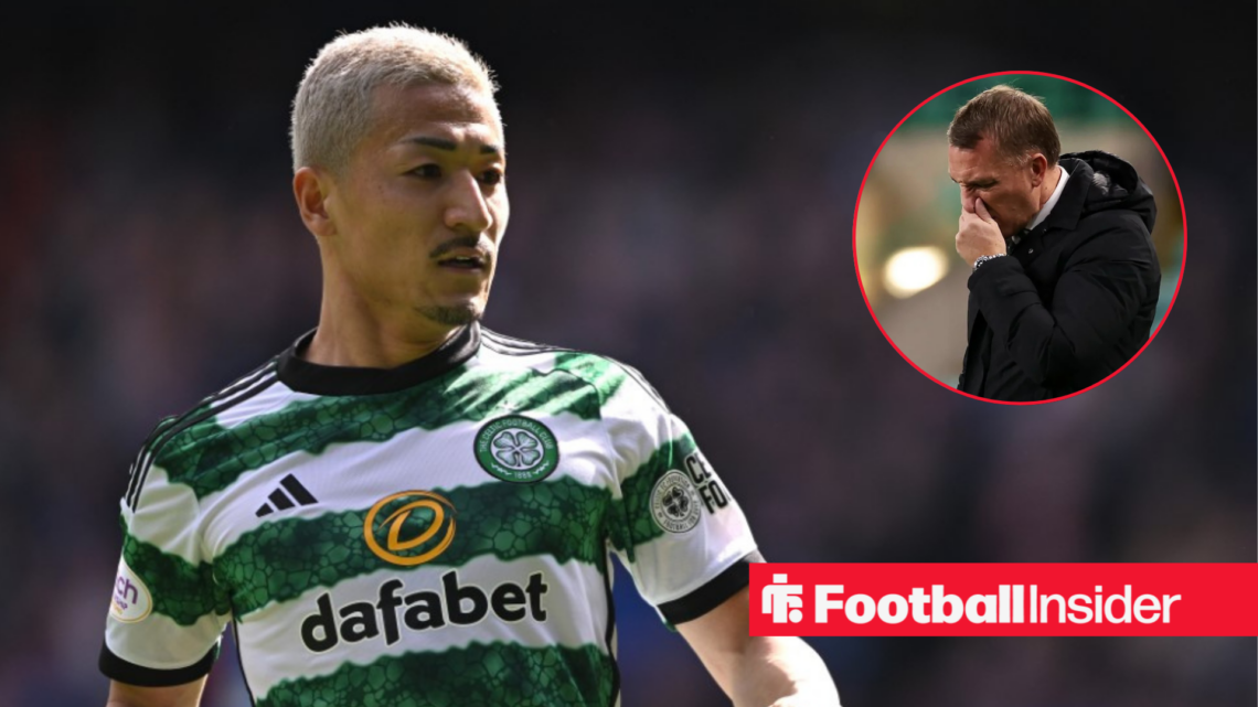 Daizen Maeda in a Celtic kit, Brendan Rodgers in a circular inset