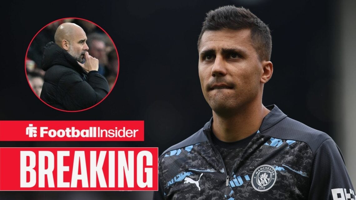 Rodri in a Man City top, Pep Guardiola in a circular inset