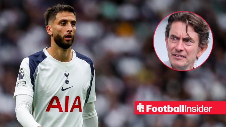 Spurs midfielder Rodrigo Bentancur alongside a circular inset of Thomas Frank