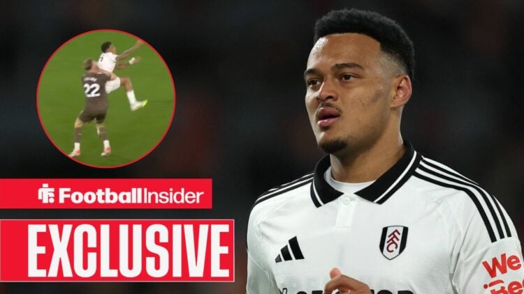 Rodrigo Muniz looking left, Fulham star's foul on Nathan Collins in a circular inset