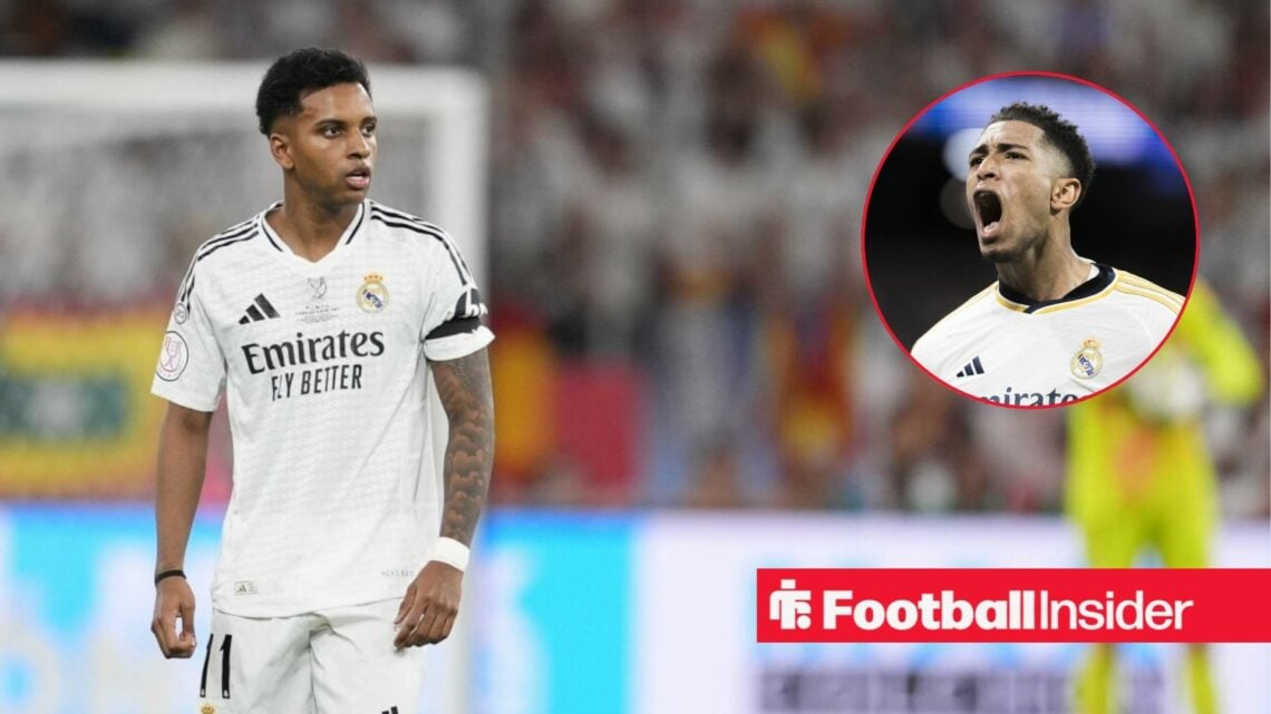 Rodrygo wearing a Real Madrid home shirt alongside an image of Jude Bellingham in a circular frame