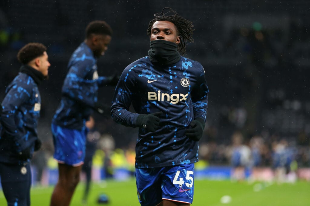 Romeo Lavia warming up for Chelsea.