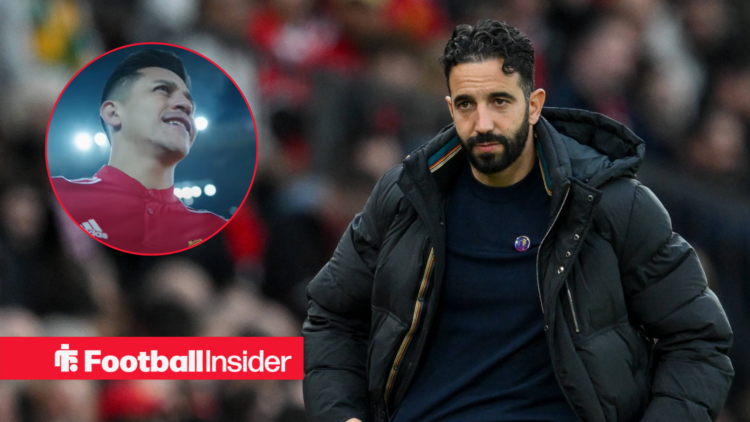 Ruben Amorim on the sidelines at Old Trafford, Alexis Sanchez in a circular inset